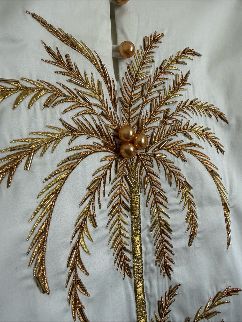 Mestiza Elliana Dress Large Palm Tree Embroidery Short Puff Sleeve Ivory Gold - Picture 2 of 7